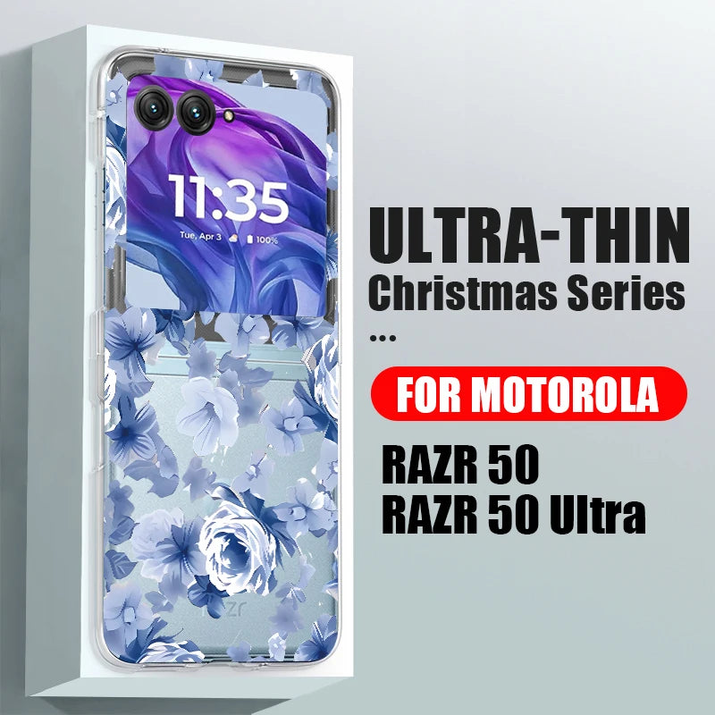 Blue Flowers Pattern Phone Case For Motorola Razr 60 50 40 Ultra Razr60 Razr50 Razr40 Shockproof Hard Transparent Folding Cover