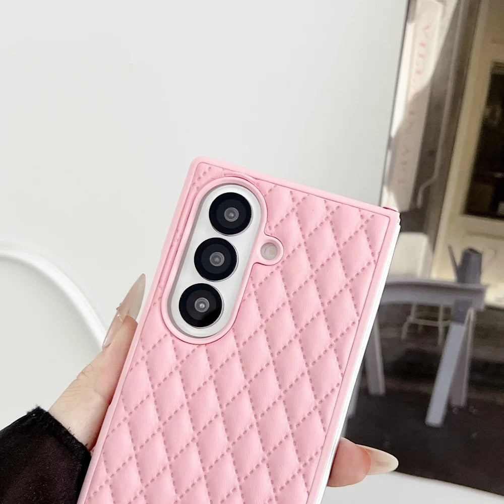 Fashion Diamond Texture PU Leather Phone Case for Samsung Galaxy Z Fold 7 6 5 4 3 5G Shockproof ZFold7 fold6 Cover Shell