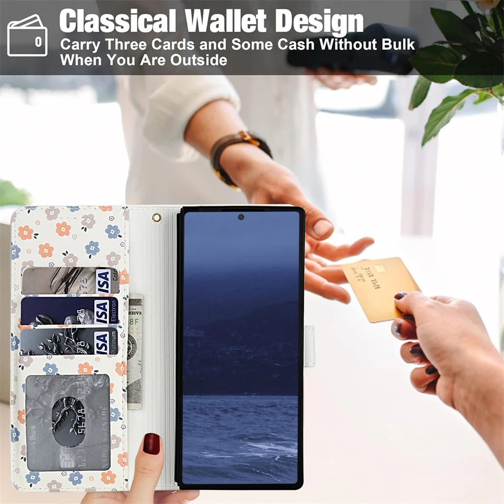 Luxury White Leather Colorful Flowers Wallet Flip Phone Case For Samsung Z Fold 7 6 5 4 5G Soft Wrist Strap Shockproof Cover