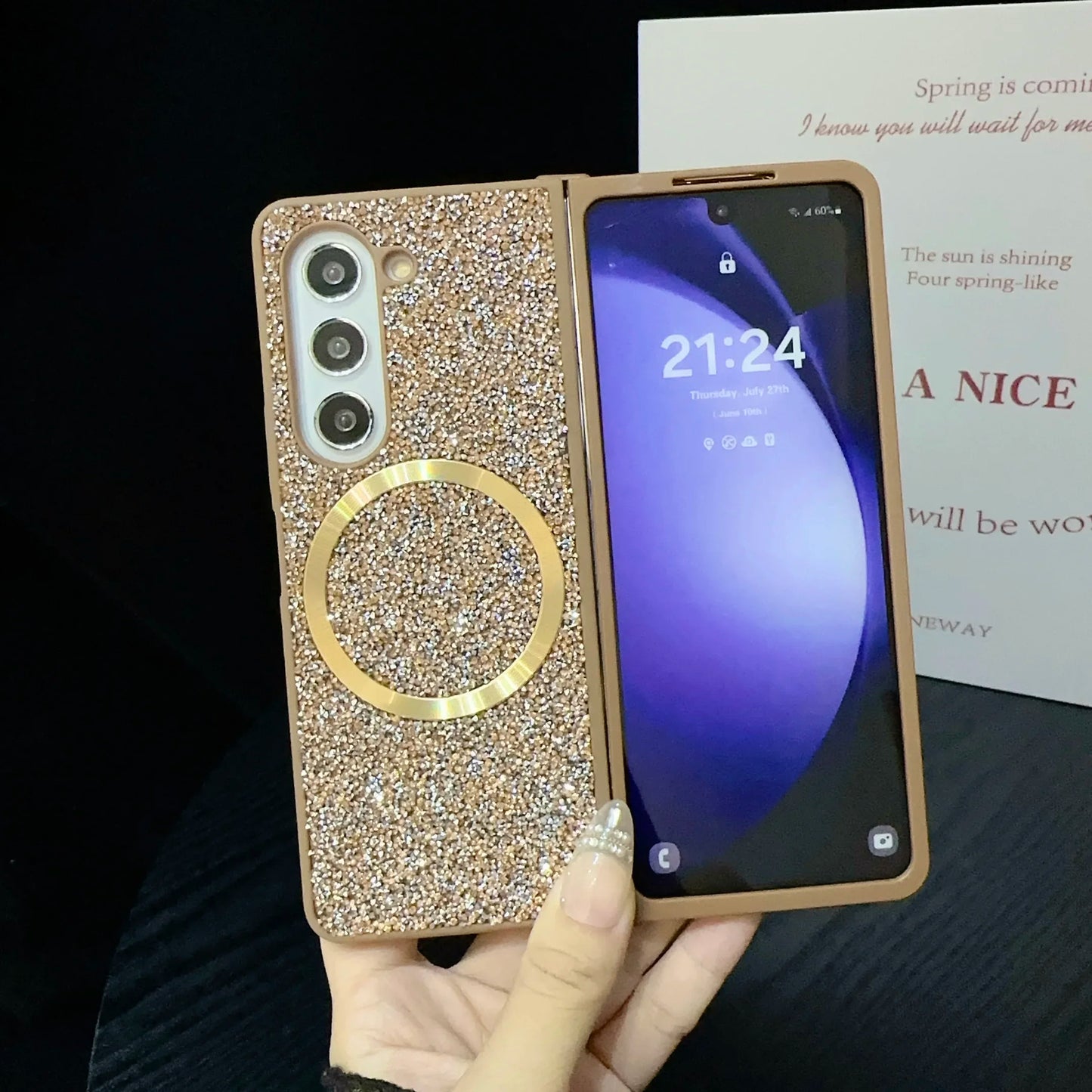 Sparkling Diamond Brilliant Phone Case for Samsung Galaxy Z Fold 7 6 5 4 3 Fold7 TPU Soft Edge Magnetic Cover Women Girl