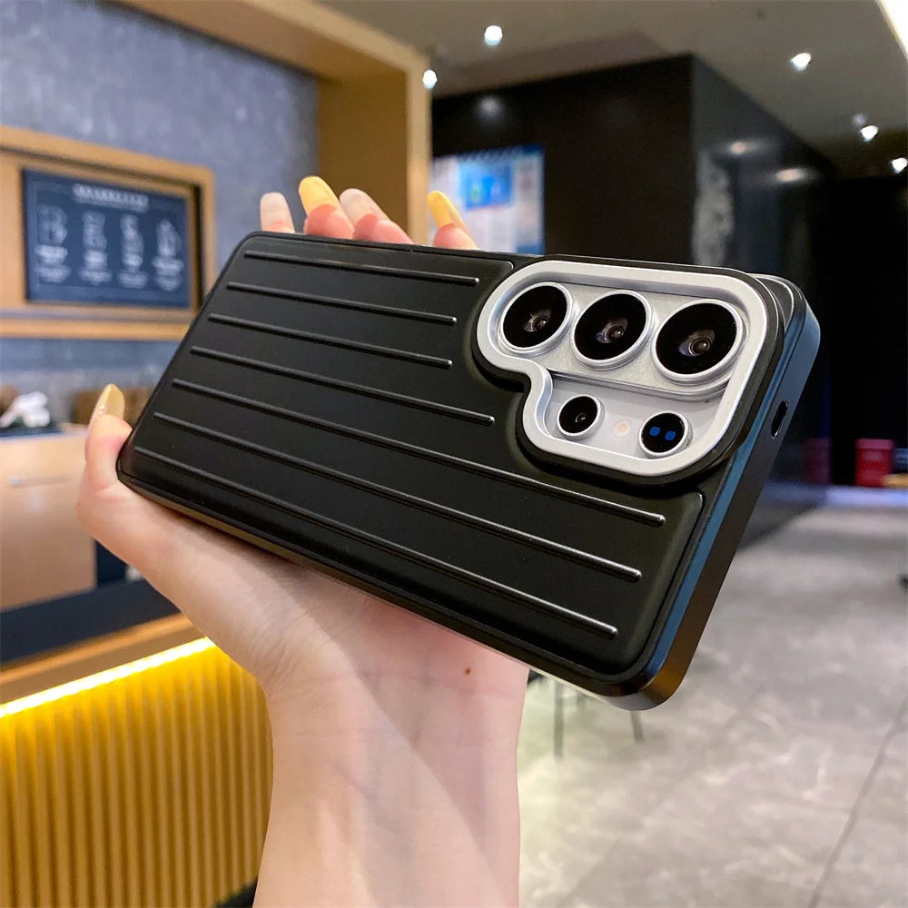 Luxury Luggage Texture Plating Phone Case For Samsung S26 S25 S24 S23 S22 Ultra Solid Color Anti-Slip Striped Protection Cover
