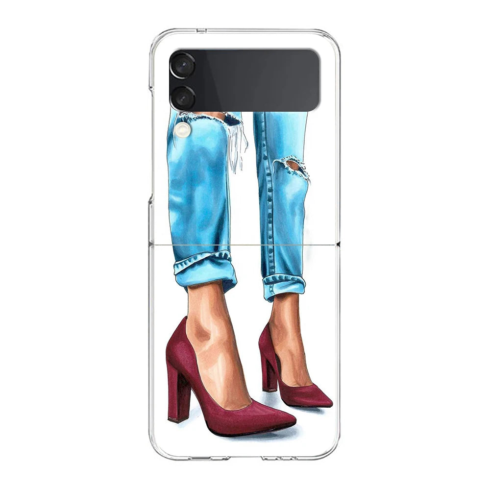 Fashion Girl Pumps Phone Case For Samsung Galaxy Z Flip 7 6 5 4 3 For Samsung Flip7 Flip6 Flip5 Shockproof Hard Folding Cover