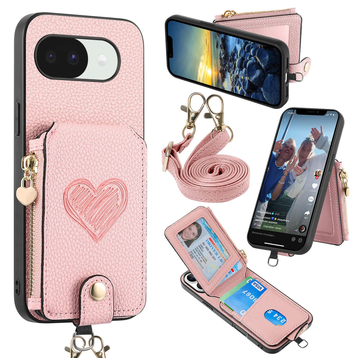 Crossbody Long Lanyard Zipper Cards Sold Wallet Leather Case for Google Pixel 10 Pro XL 9A 8A 7A 6A Shockproof Stand Slim Cover