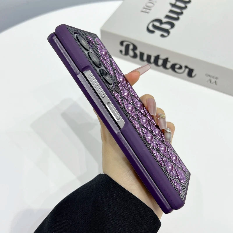 New Luxury Solid Color Pearl Shockproof Folding Phone Case For Samsung Galaxy Fold 6 5 4 3 Bumper Back Cover