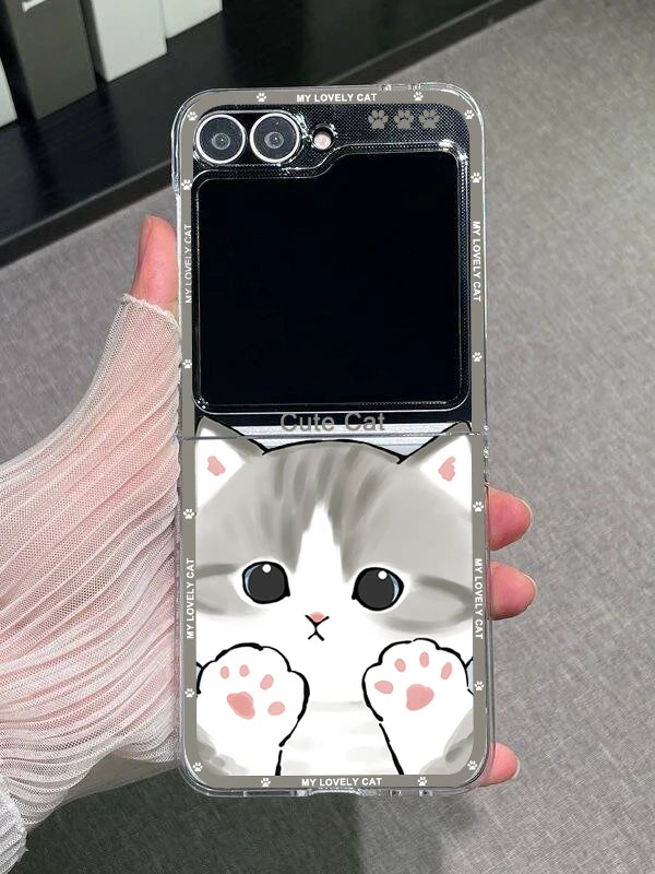 Funny Cartoon Cat Couple Phone Case For Samsung Galaxy Z Flip 6 7 3 4 Clear Hard Folding Cover For Zflip 5 Lovely Animal Fundas