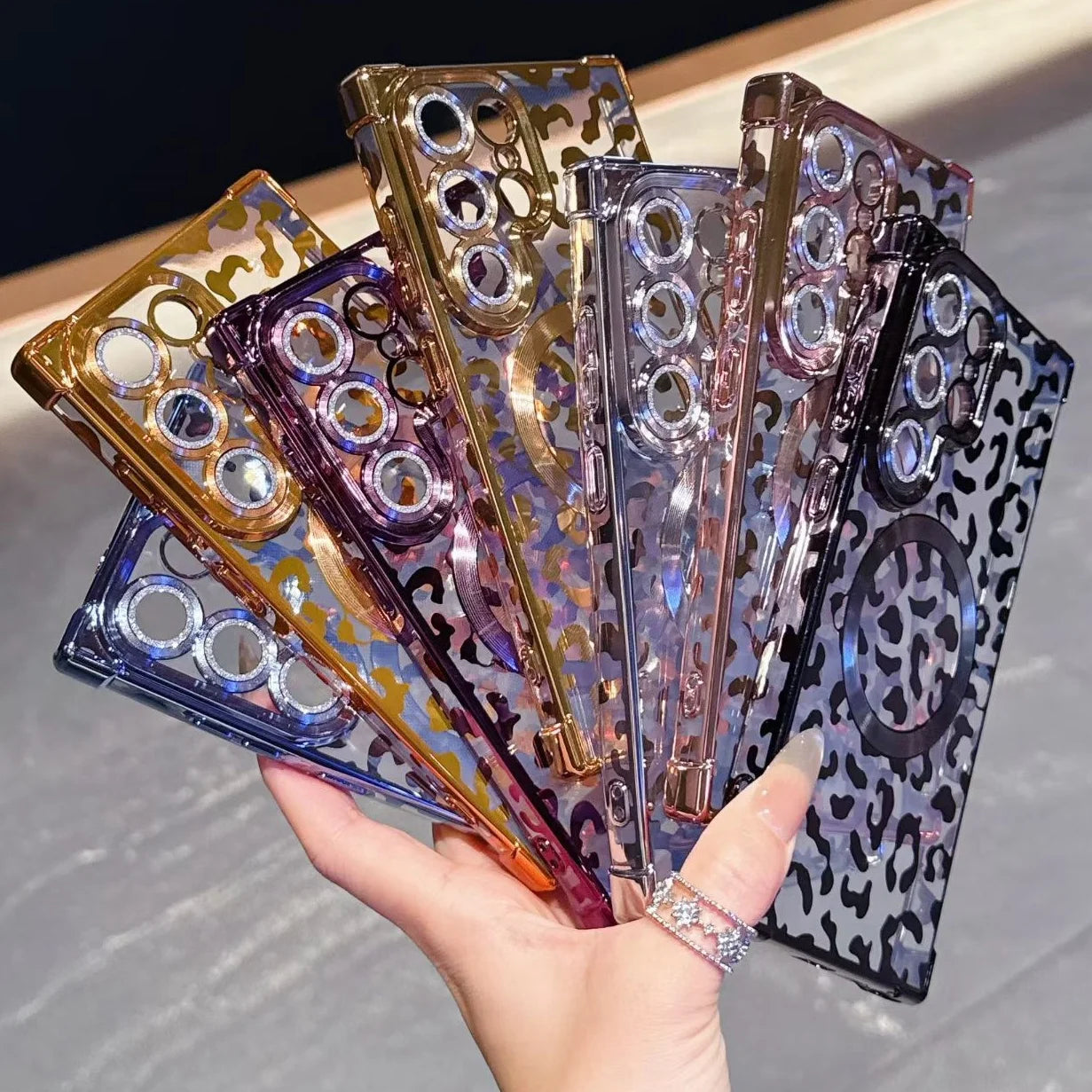 Luxury Leopard Pattern Magnetic Case For Samsung S26 Ultra S26 Plus Gradient Glitter Cover For Galaxy S25 Ultra Plating Case