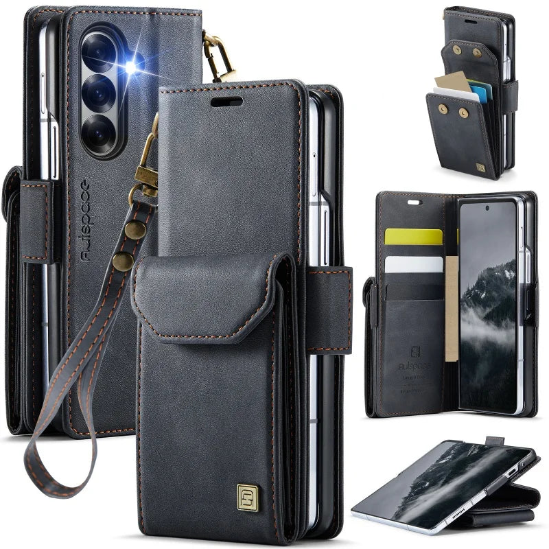 Wrist Strap Leather Wallet Phone Case for Samsung Galaxy Z Fold 8 Ultra 7 6 5 Fold8 Fold7 Fold6 Cards Holder Funda Cover Hoseje