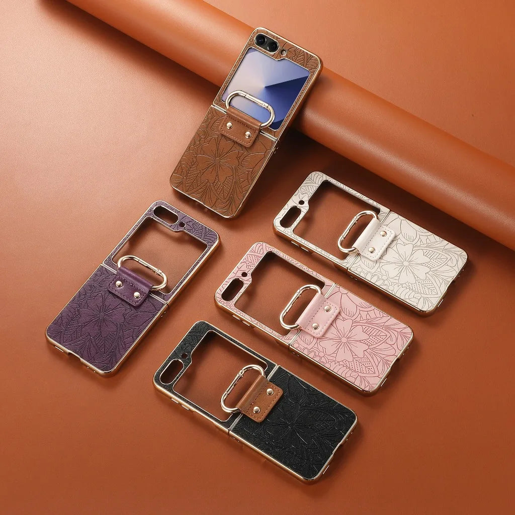 For Samsung Galaxy Z Flip 7 FE 6 5 4  Leather Embossed Flower Phone Case with Ring Buckle Electroplated Shockproof Cover
