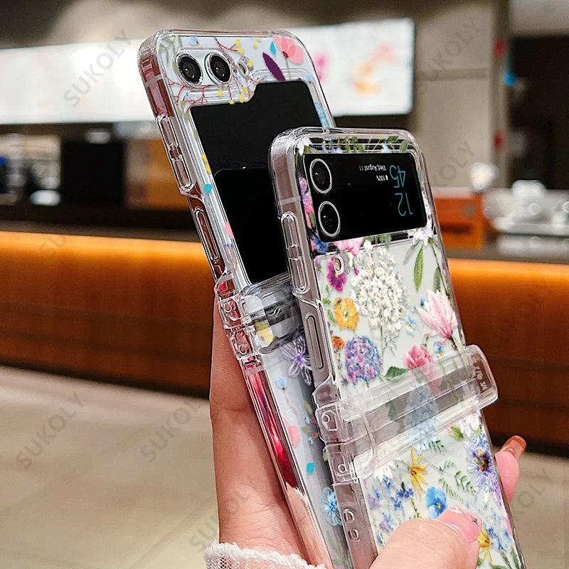Flower Pattern Folding Case For Samsung Galaxy Z Flip7 FE Flip7 Flip6 Clear Shockproof Cover For Samsung Galaxy Z Flip 7 6 5 4 3