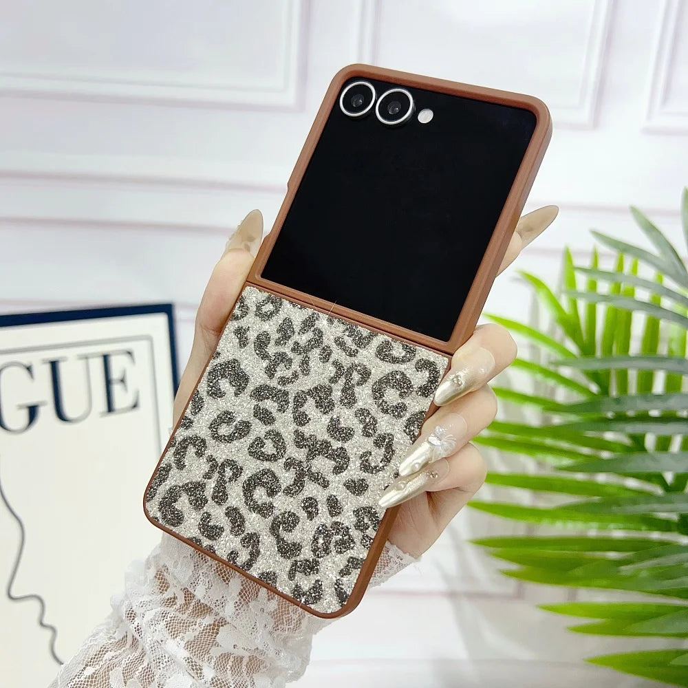 Z Flip 7 5G Glitter Leopard Print Folding Phone Case For Samsung Galaxy Z Flip7 Flip6 Flip 5 4 Shockproof Skin Feel Bumper Cover