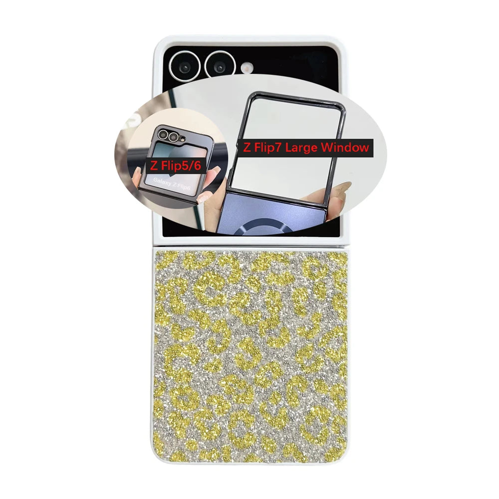 Z Flip 7 5G Glitter Leopard Print Folding Phone Case For Samsung Galaxy Z Flip7 Flip6 Flip 5 4 Shockproof Skin Feel Bumper Cover
