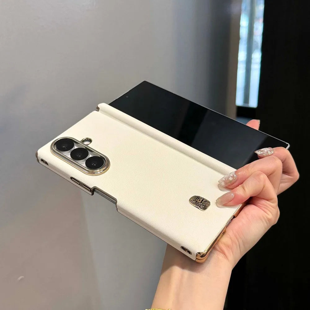 Luxury Leather Glossy Frame Case For Samsung Galaxy Z Fold7 Fold 7 5G Dual Axis Double Hinge Shockproof Armor Back Cover