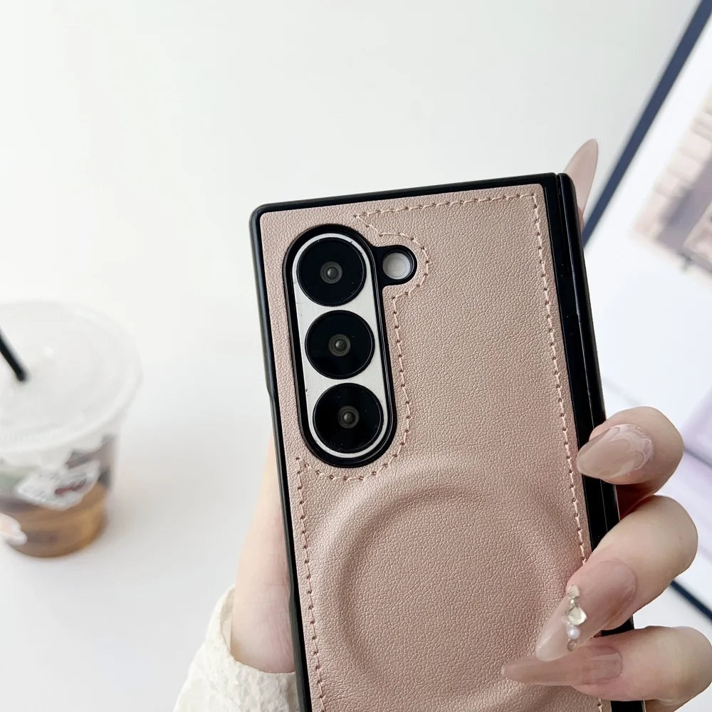 For Samsung Z Fold 7 Leather for Magsafe Wireless Charge Case For Samsung Galaxy Z Fold 7 6 5 4 3 Hinge Protect Armor 2in1 Cover