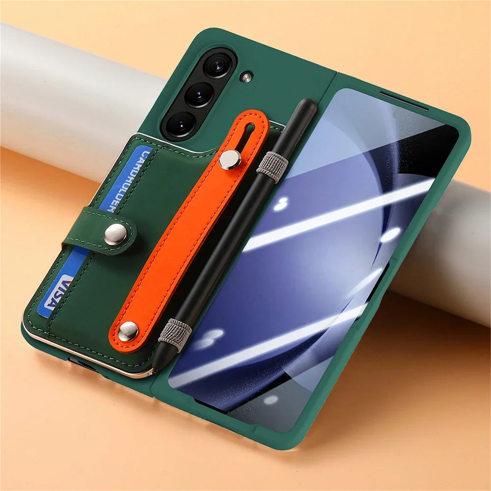 For Samsung Galaxy Z Fold 6 5 Fold6 Fold5 5G Card Slot Wallet Case with Pen Holder & Screen Protector Wrist Strap Cover(NO Pen)