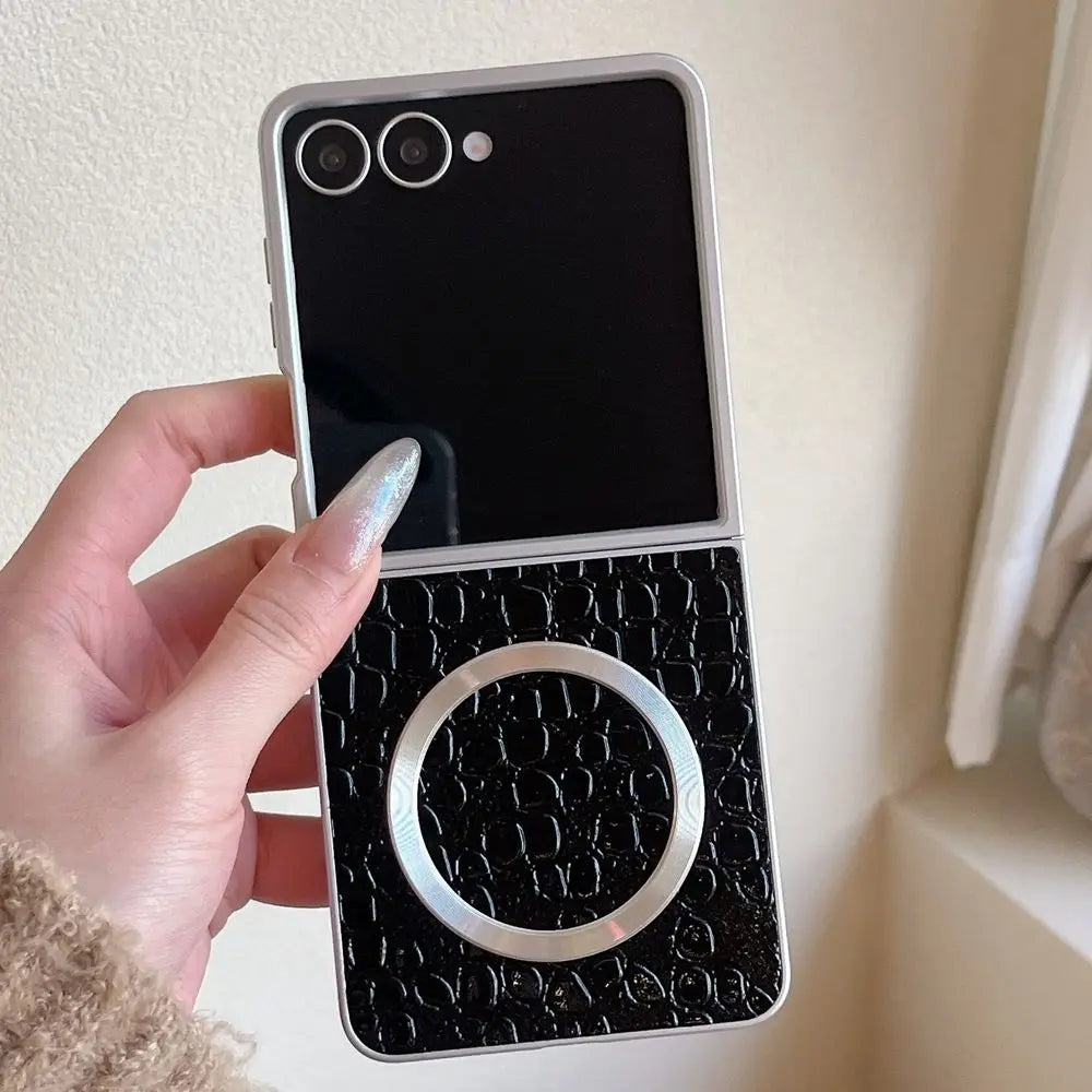 Plating Crocodile Texture For Magsafe Phone Case For Samsung Galaxy Z Flip7 Flip6 5 4 Flip7FE Wireless Charging Shockproof Cover
