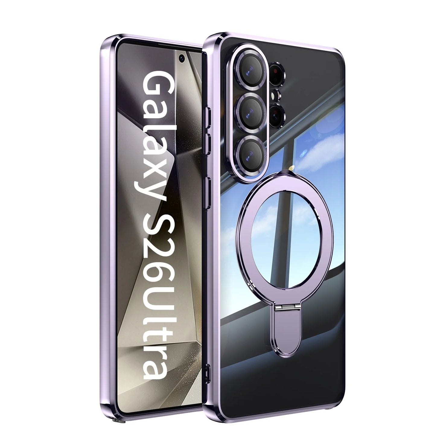 Transparent for Magsafe Stand Plating Case for Samsung Galaxy S26 Ultra Magnetic Bracket Lens Film Cover for Samsung S26 Plus