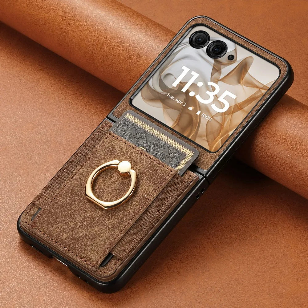 For Motorola Razr 50 Ultra Mooto Razr40 Retro Plain PU Leather Card Slot Holder Wallet Phone Case Ring Bracket Shockproof Cover