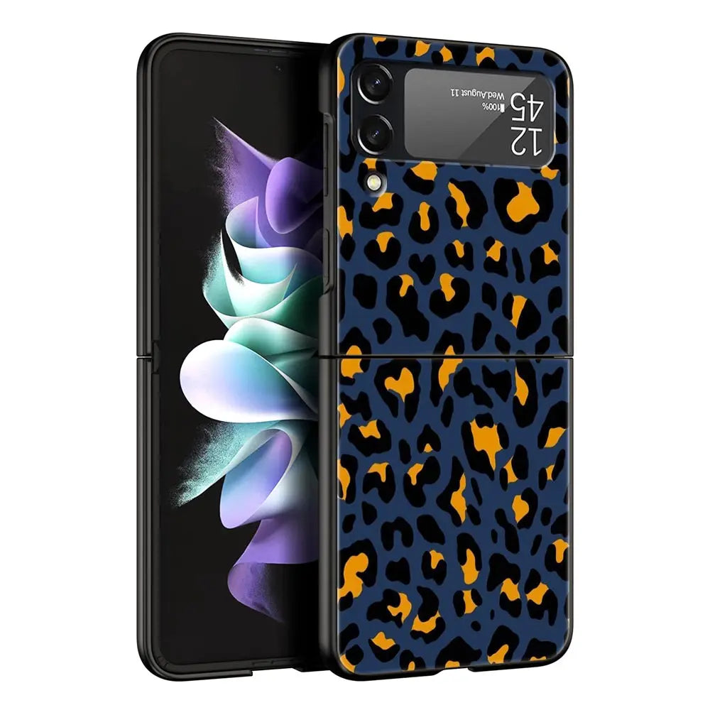Leopard Print Pattern Phone Case For Samsung Galaxy Z Flip3 Flip4 Flip5 Shell For Z Flip 3 Flip 5 4 5G Black Hard Folding Cover