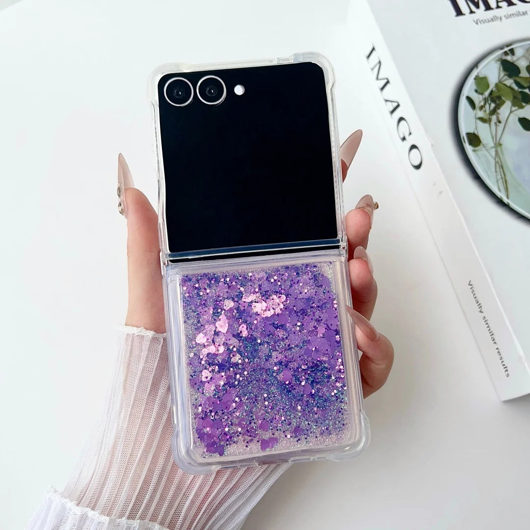Glitter Quicksand Love Heart Case for Samsung Galaxy Z Flip 6 5 4 3 7 flip6 ZFlip 5 Colorful Bling Shockproof fold back Cover