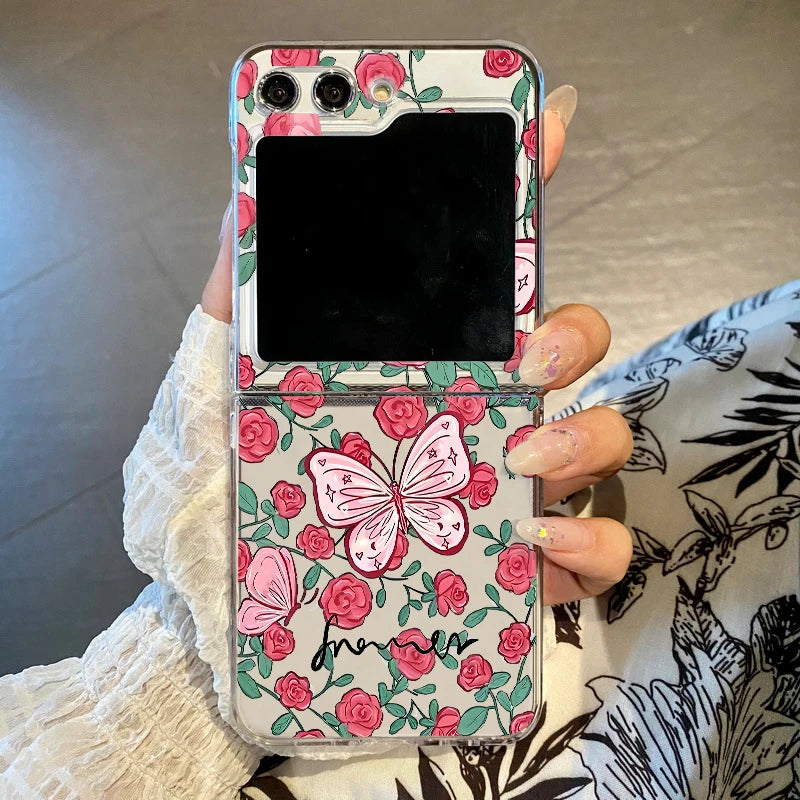 Folding Hard Phone Case For Samsung Galaxy Z Flip 7 FE 6 5 4 3 5G Flowers Butterfly Clear Cover For Samsung Z Flip6 Flip5 Flip4