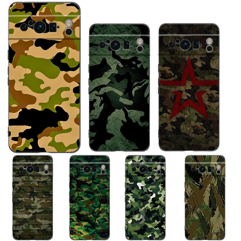 Luxury TPU Phone Case For Google Pixel 9 8 8A 7 7A 6 Pro XL 6A 5G Camouflage Camo Military Army Black Soft Back Cover
