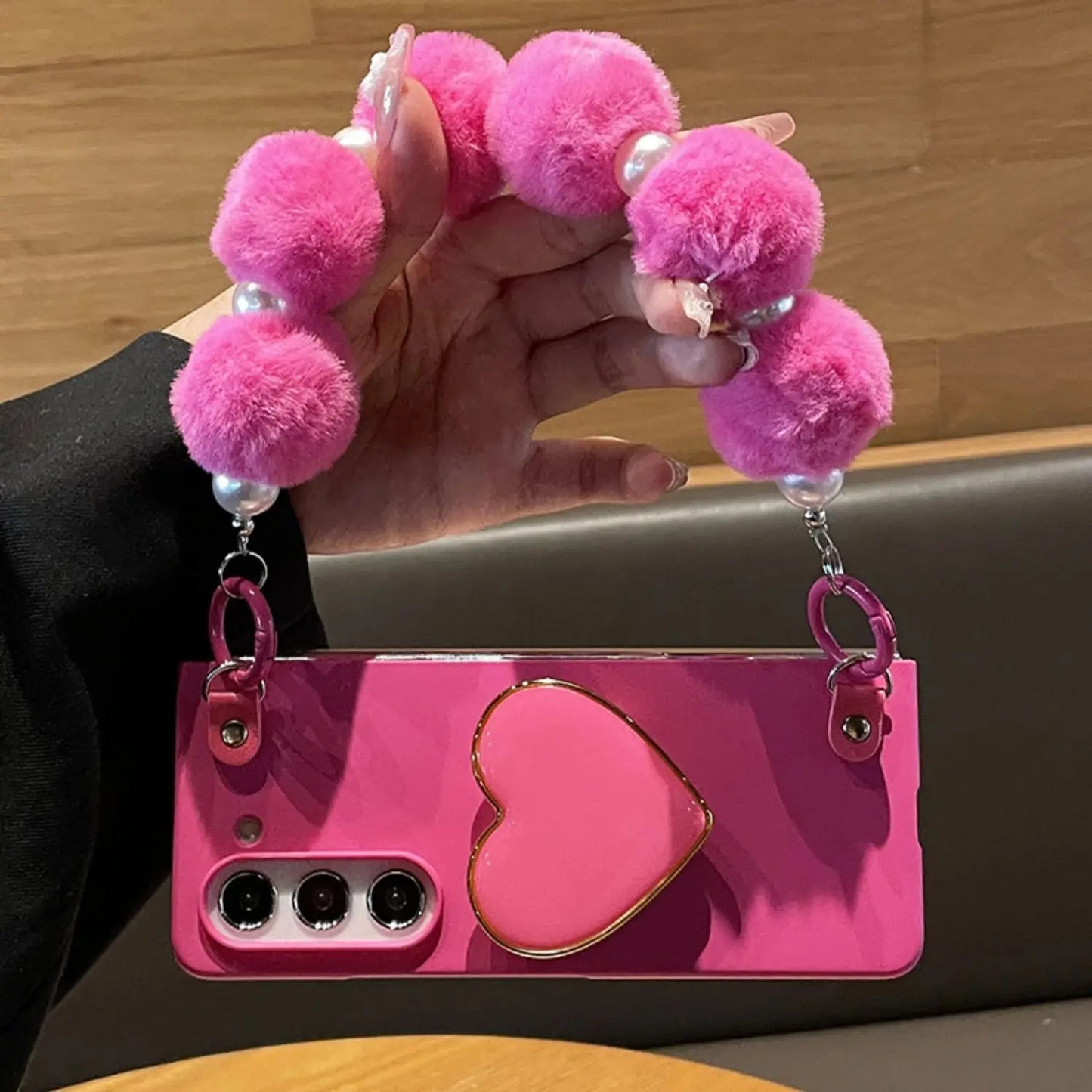 New Korean Rose Red Plush Ball Love Bracelet Pearl Bracelet Case for Samsung Galaxy Z Fold7 Z Fold6 Z Fold5 Z Fold4 ZFold3 Cover
