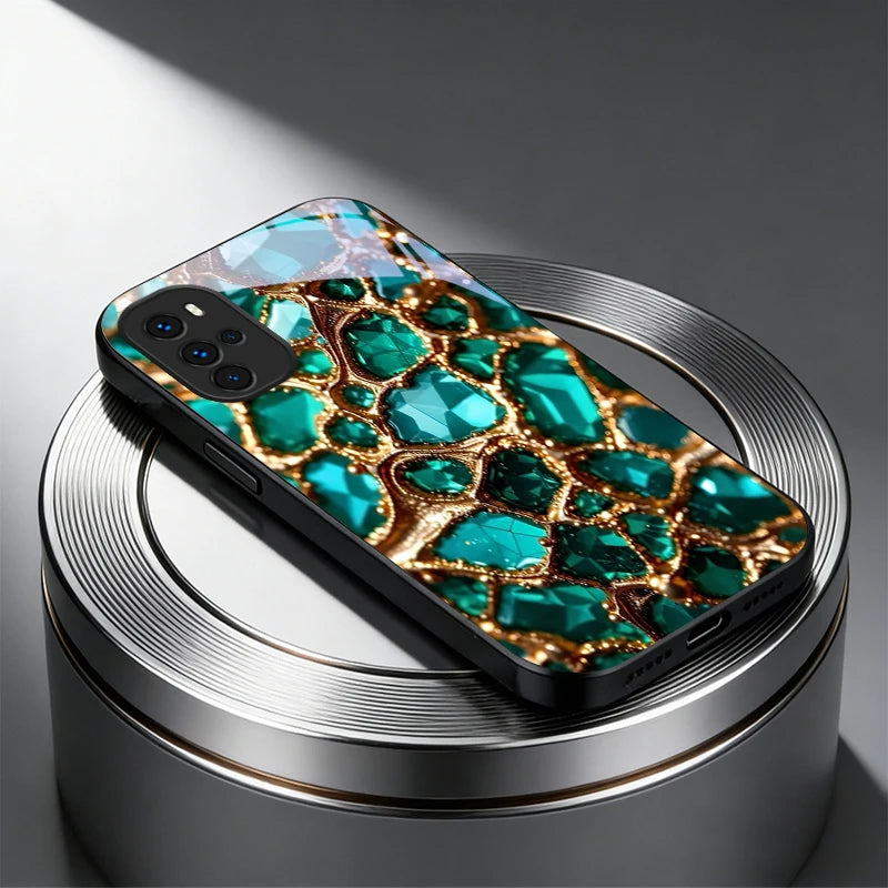 Luxury Green Gem Golden Black Glass Phone Case For Motorola Moto Edge 60 70 20 Lite 30 Pro 40 50 Ultra G45 G54 G55 G75 84 Cover