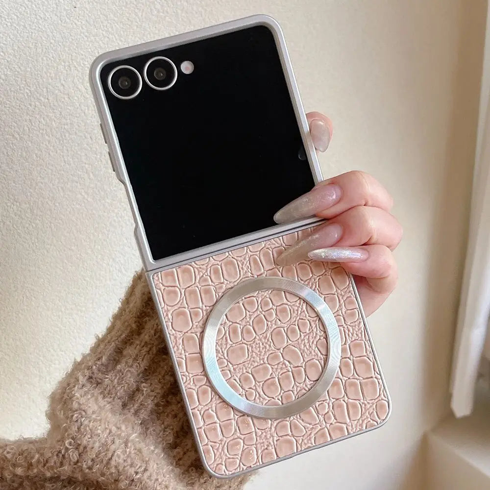 Plating Crocodile Texture For Magsafe Phone Case For Samsung Galaxy Z Flip7 Flip6 5 4 Flip7FE Wireless Charging Shockproof Cover