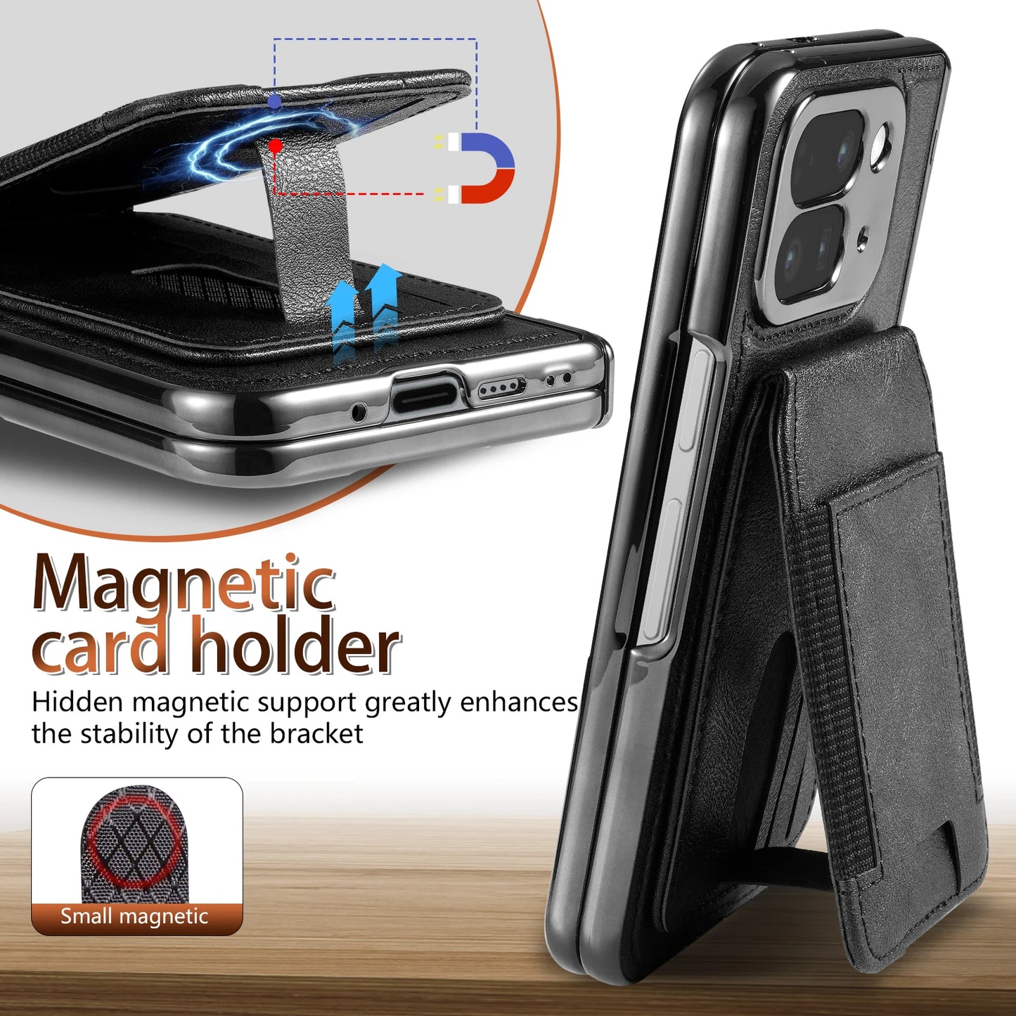Leather stand protective strap and magnetic tempered glass screen protector phone case for Google Pixel 10 Pro Fold