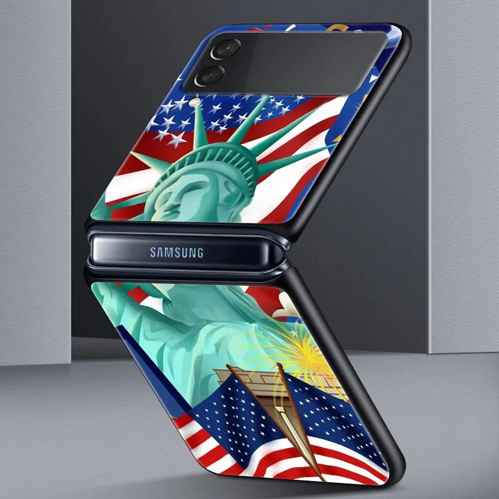 Hard PC Phone Case For Samsung Galaxy Z Flip 7 6 5 4 Black For Galaxy Z Flip 3 Foldable Shockproof American United States Flag