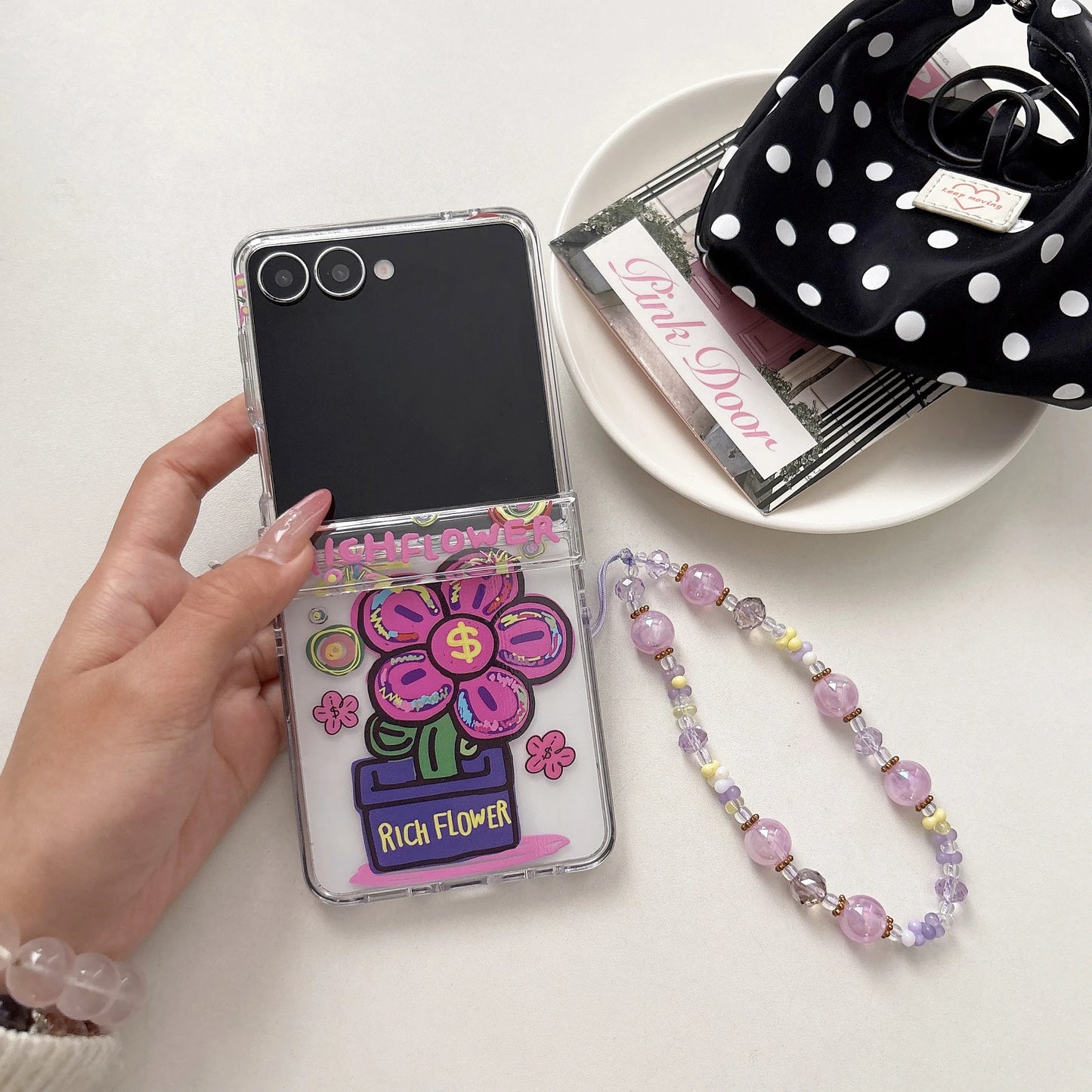 for Samsung Galaxy Z FLIP 7 6 5 4 3 flip7 flip6 2in1 Rope Strap Pendant Fold Phone Case Ins New Rich Flowers Shockproof Cover