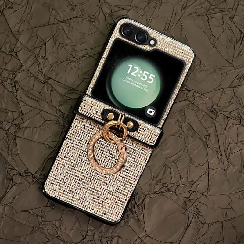 Artificial Diamond-Plated Ring Buckle Phone Case for Samsung Galaxy Z Flip 7 6 5 4 3 Series  Featuring a Luxurious Design Shiny