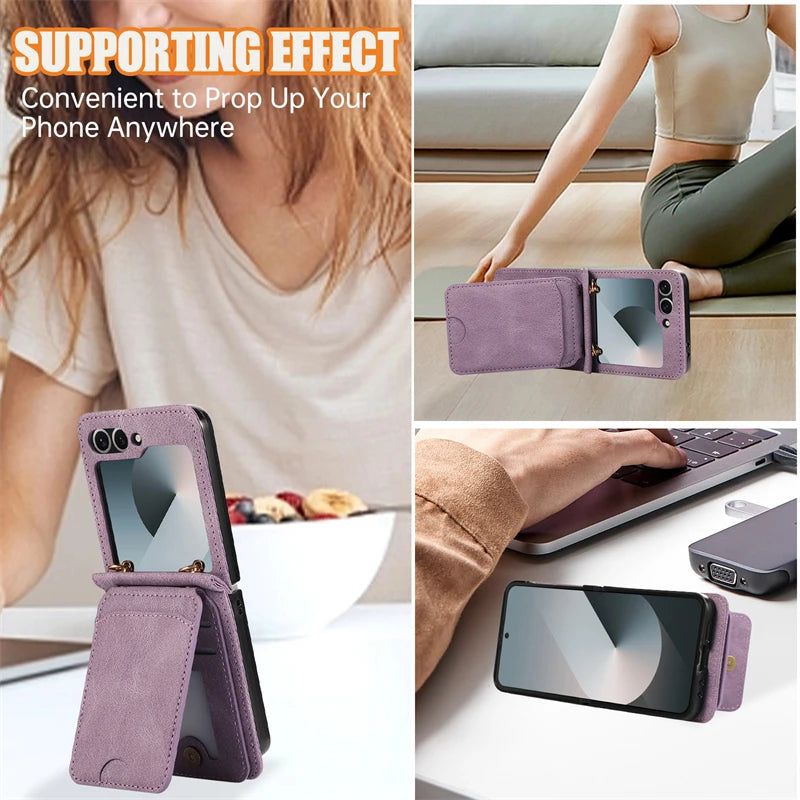 Leather Wallet Card Holder Case for Samsung Galaxy Z Flip 6 5 4 3 ZFlip Flip6 Flip5 Flip4 Flip3 with Crossbody Lanyard Bag Cover