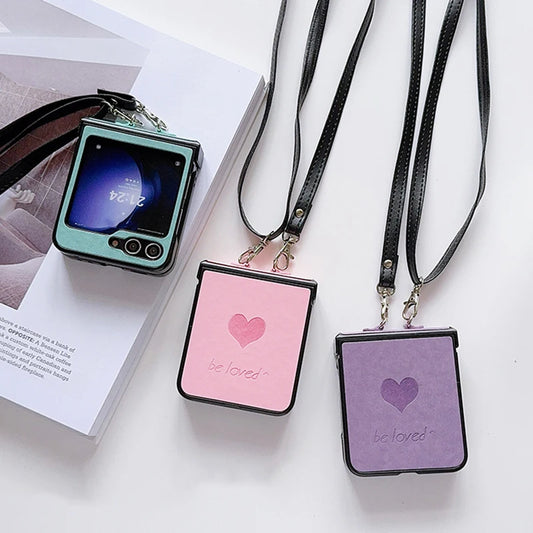Fashion Simple Love Heart Strap Rope Cord Chain Necklace Lanyard Phone Case For Samsung Galaxy Z Flip 5 4 3 Z Flip6 TPU Cover