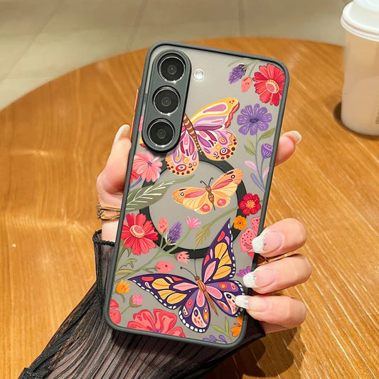 Flowers Print Phone Case For Samsung Galaxy A56 A36 A26 A16 A55 A15 S25 Edge S24 Plus S23 S22 Ultra S24 S23 FE Magnetic Cover