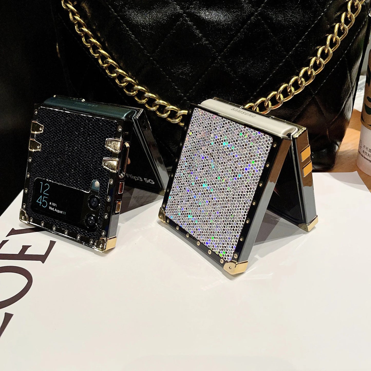 Fashion Sparkling Shockproof Phone Case For Samsung Galaxy Z Flip 7 6 5 4 3 Flip7 FE Starry Sky Leather Square Back Cover