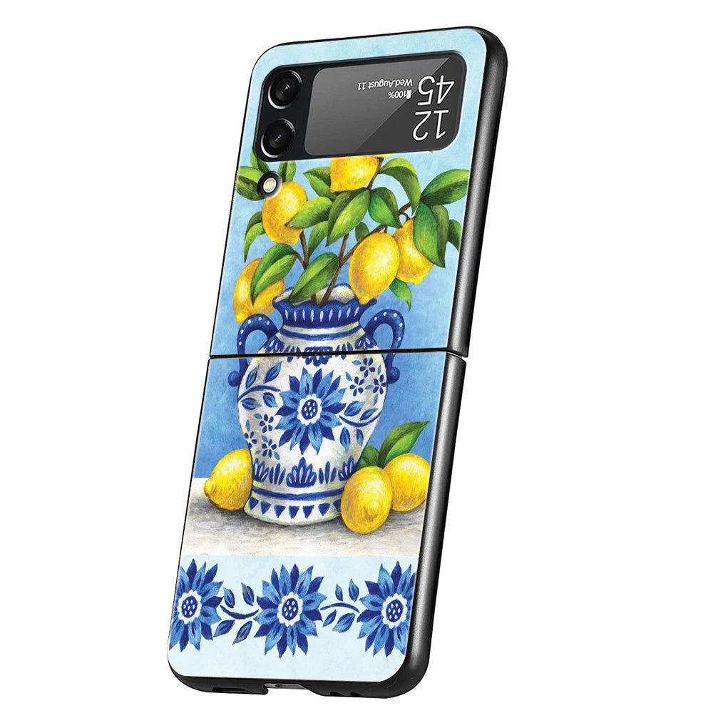 Luxury Phone Case For Samsung Galaxy Z Flip 3 4 5 6 Hard Folding PC For Samsung Z Flip3 Flip4 Flip5 Cover Retro Fruit lemon