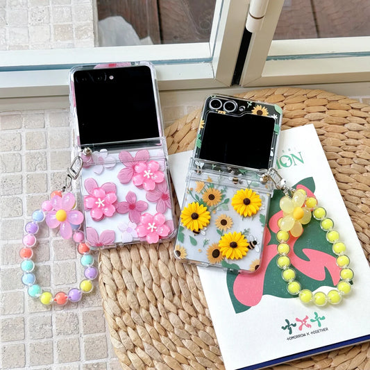 
for Samsung Galaxy Z FLIP 7 FE 6 5 4 3 flip7 Rope Strap Pendant Fold Phone Case 3D Sunflower Peach Blossom Cover﻿﻿