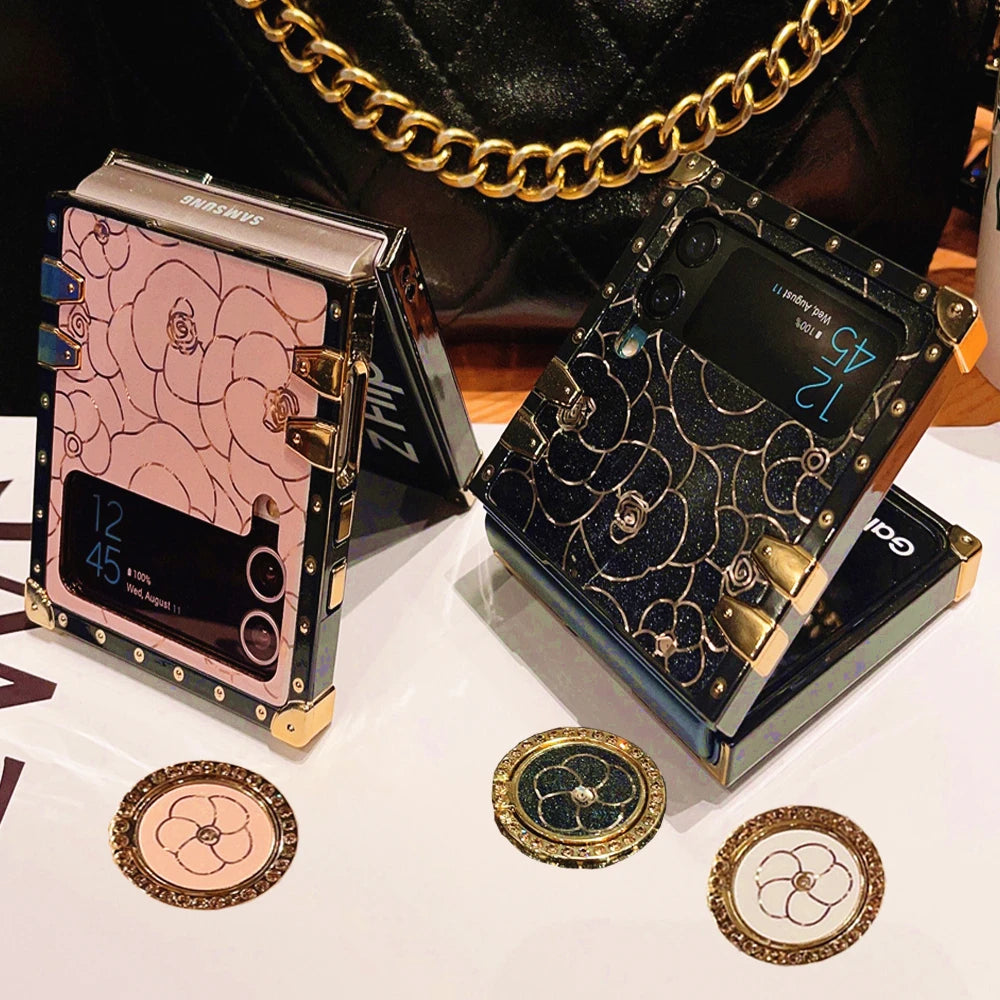 Luxury Shockproof Cover Retro Glitter Gold Line Rose Flower Phone Case for Samsung Galaxy Z Flip 7 Flip 6 Z Flip 5 Flip 4 Flip 3