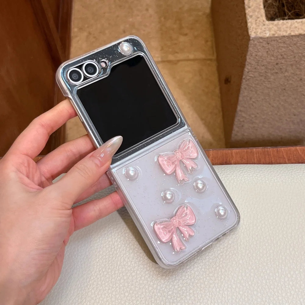 3D Pink Bow Glitter Transparent Phone Case for Samsung Galaxy Z Flip 8 7 6 5 7FE Pearl Clear Resin Cover for Samsung Z Flip 8