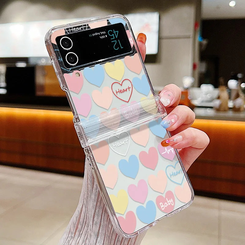 Love Heart Print Transparent Phone Case For Samsung Galaxy Z Flip7 FE Flip6 Folding Hard Cover For Samsung Z Flip 7 6 5 4 3 5G
