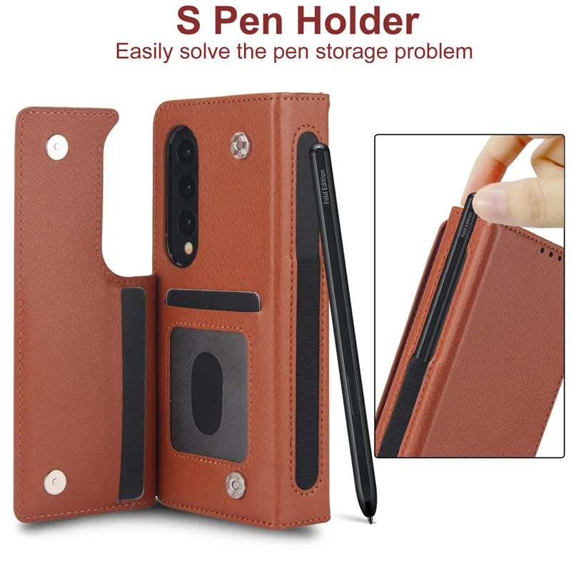 For Samsung Galaxy Z Fold 7 6 Leather Foldable Card Insert Pen Slot Phone Case For Z Fold5 Z Fold 3 4 Flip MultiFunctional Stand