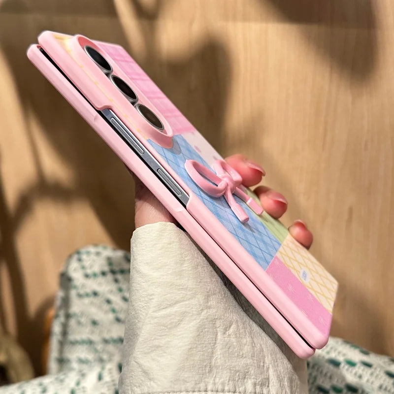 Korean Plaid Patter Flower Cute Bow Phone Case For Samsung Galaxy Z Fold 8 Ultra Z Fold8 ZFold8 Cover with Chain Hard Cases Capa