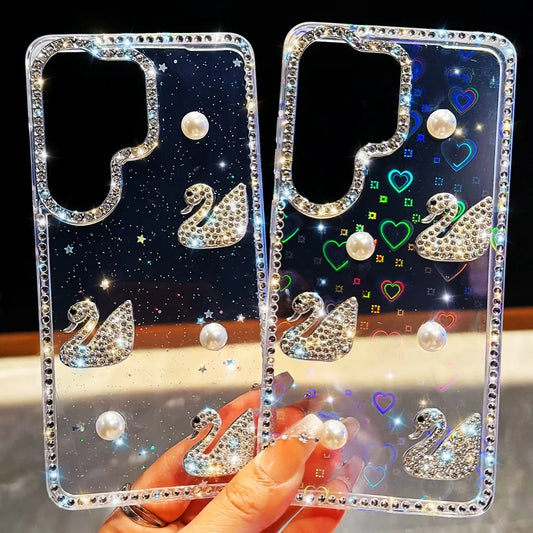 Luxury Diamond Swan Cover For Samsung Galaxy S26 Ultra S26 Plus Laser Heart Case For Samsung S23 S24 Ultra S25 Plus Pearl Case