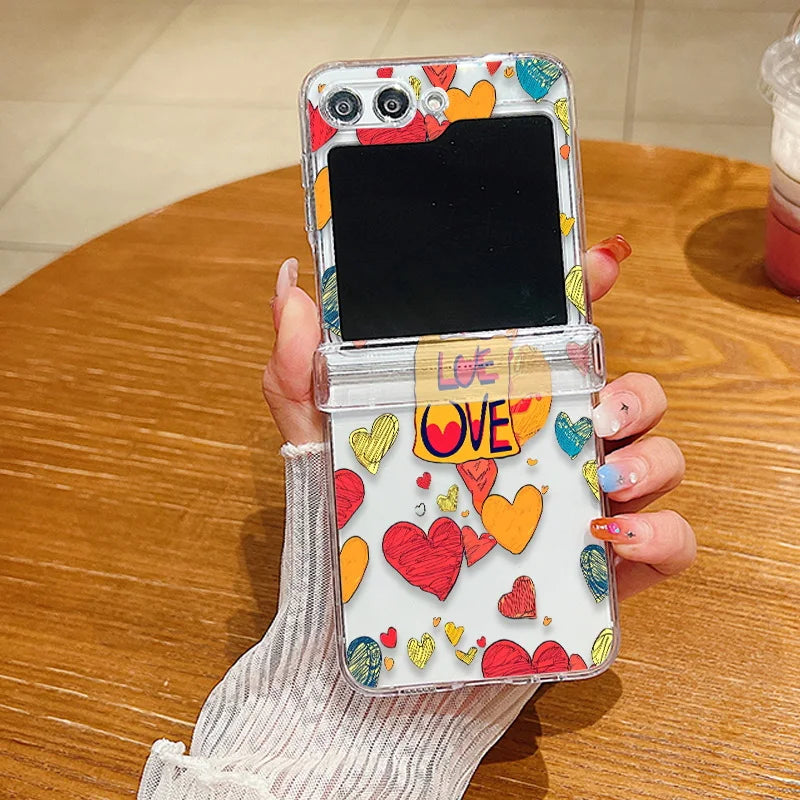 For Samsung Galaxy Z Flip7 FE Flip6 Case Love Pattern Shockproof Clear Folding Phone Case For Samsung Galaxy Z Flip 7 6 5 4 3 5G