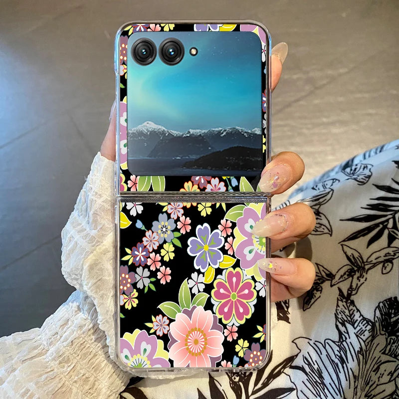 Colorful Flowers Patterned Phone Case For Motorola Razr 60 Ultra Razr 50 40 Ultra 50 40 Clear Shockproof Hard PC Folding Cover