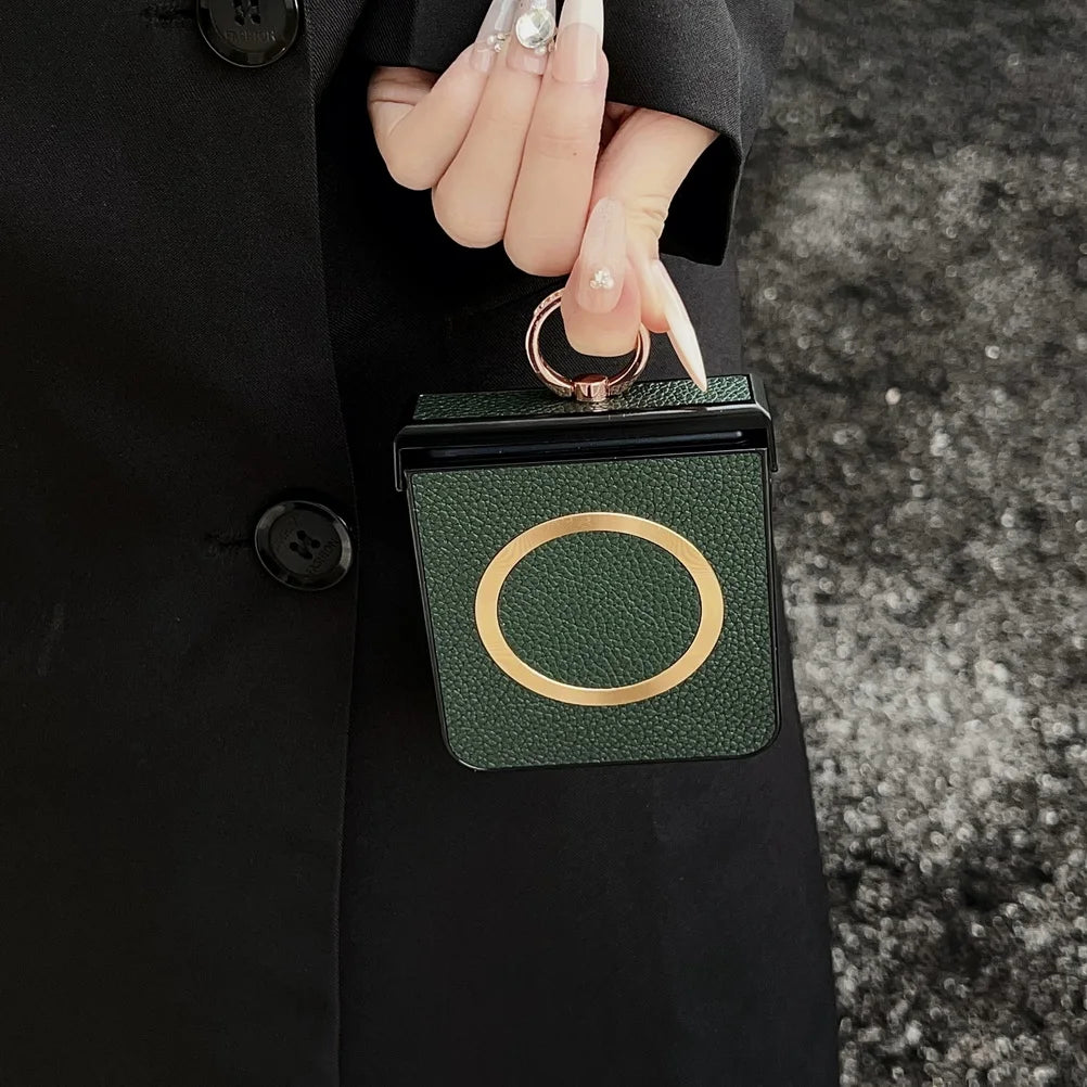 Lychee Plain Leather Metal Finger Ring and Magnetic Ring Case For Motorola Razr 60 Ultra razr60 Moto Razr 50 razr+ 2024 Cover