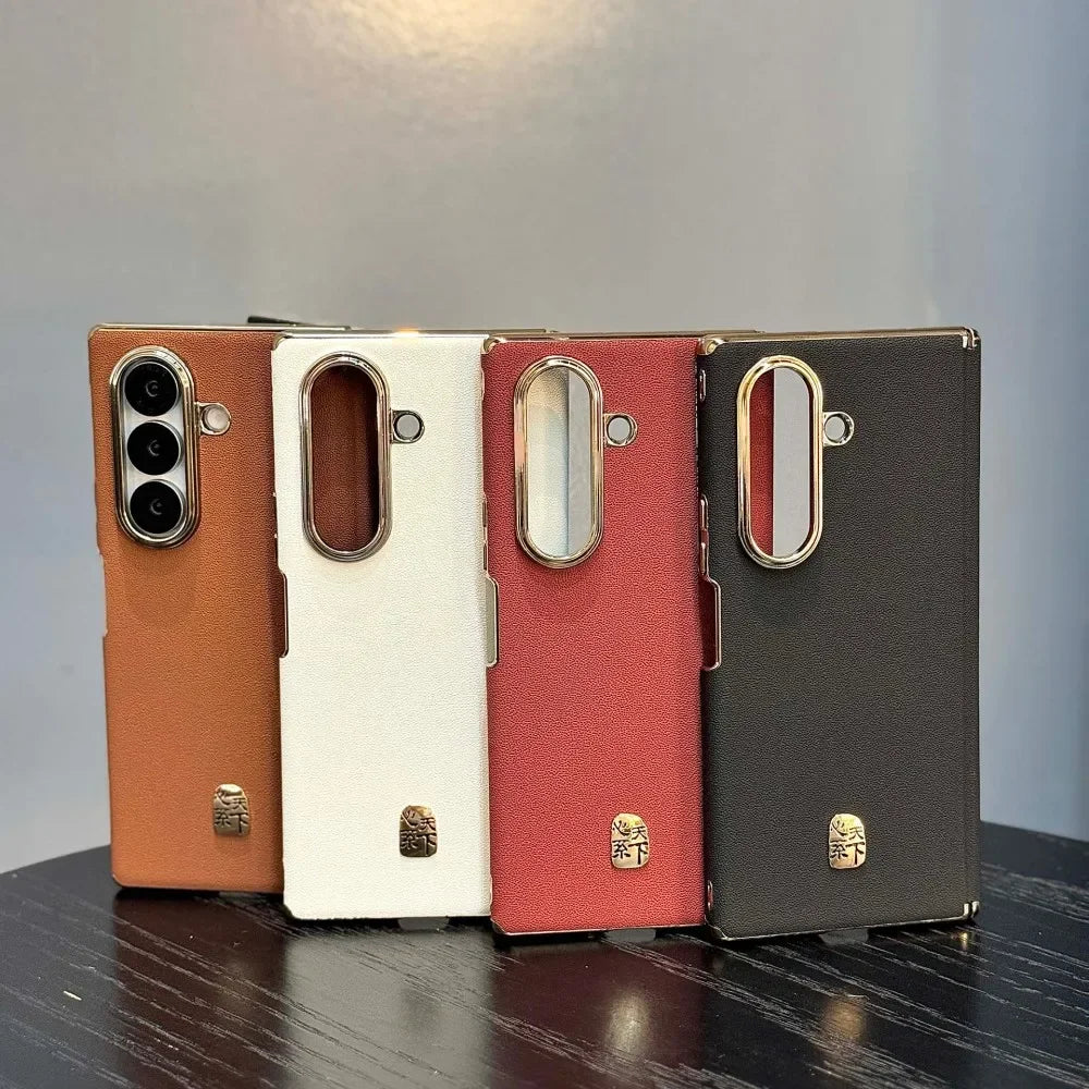 Luxury Leather Glossy Frame Case For Samsung Galaxy Z Fold7 Fold 7 5G Dual Axis Double Hinge Shockproof Armor Back Cover