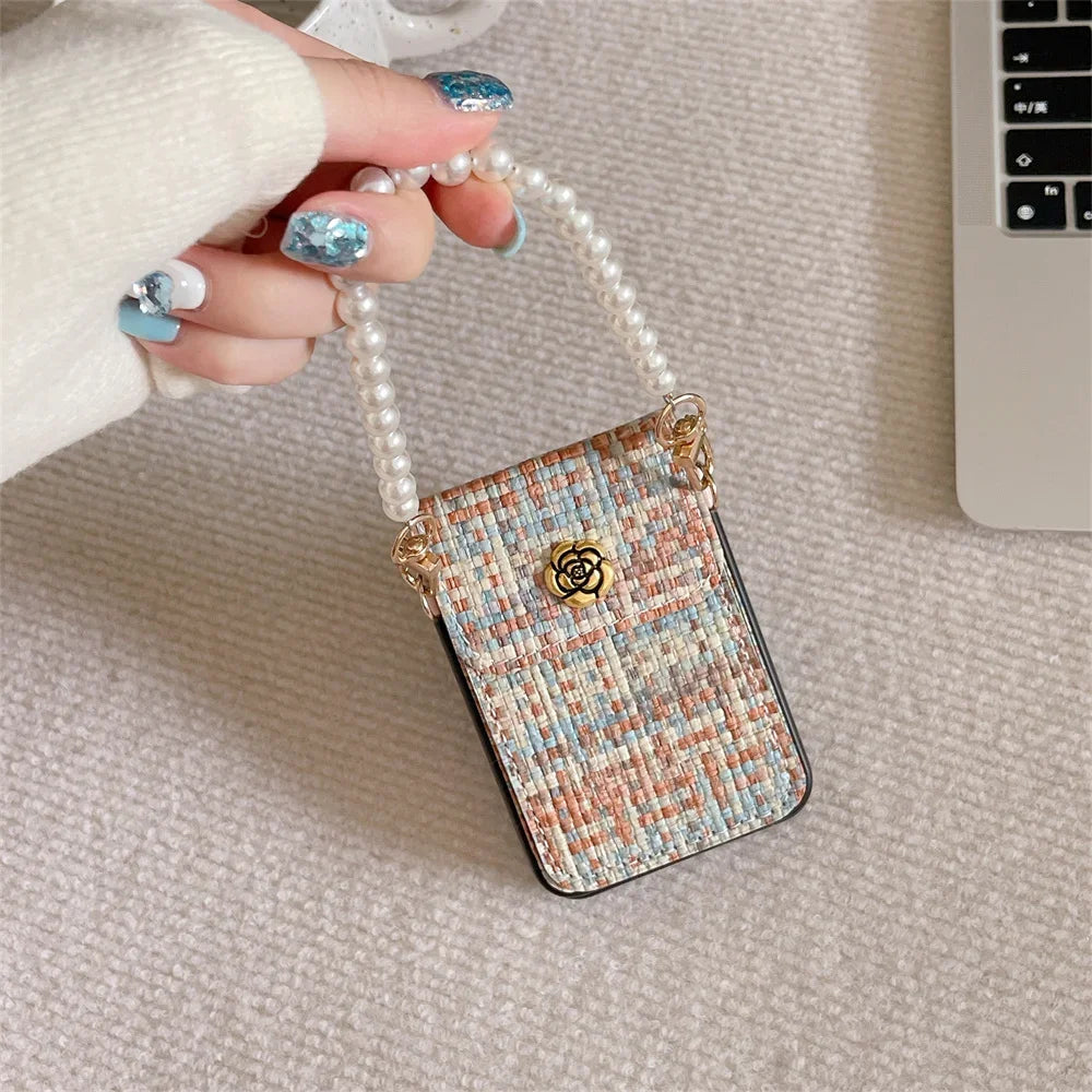 For Samsung Galaxy ZFlip7 Z Flip 7 6 5 4 3 Flip6 Flip5 Flip4 Flip3 5G Case Luxury Texture PU Leather Card Holder Wrist Strap