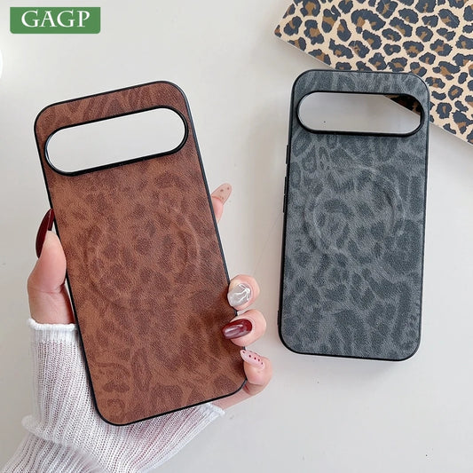 Leopard Leather for Magsafe Case For Google Pixel 9 8 7 6 Pro 9 10 Pro XL 5A 8A 7A 6A 9A pixel9 9proXL Wireless Charging Cover